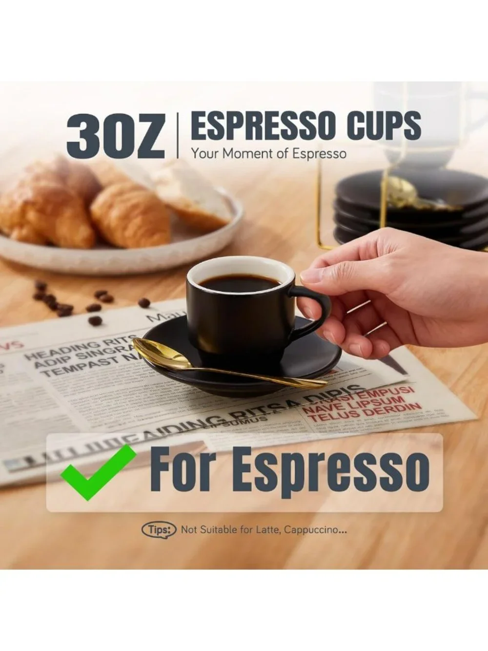 Set of 4 Stackable Espresso Cups with Saucers & Spoons - Ceramic Demitasse Mugs